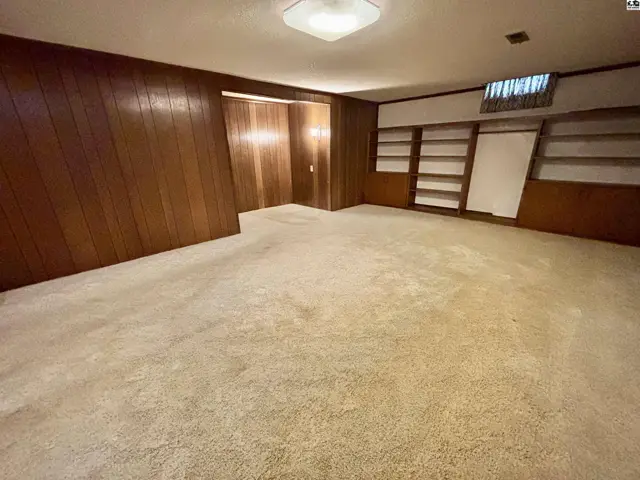 Spacious basement room with plush carpet, wood-paneled walls, and built-in shelving.