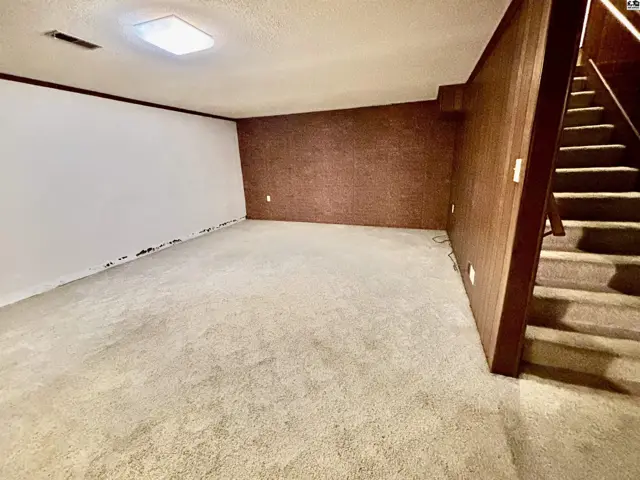 Spacious basement room with textured brown walls, white wall, and carpeted floor, adjacent to wood-paneled stairs.
