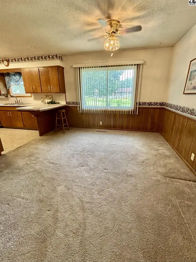 Spacious room with plush carpet, wood paneling, and oak cabinetry, featuring a large window and ceiling fan.