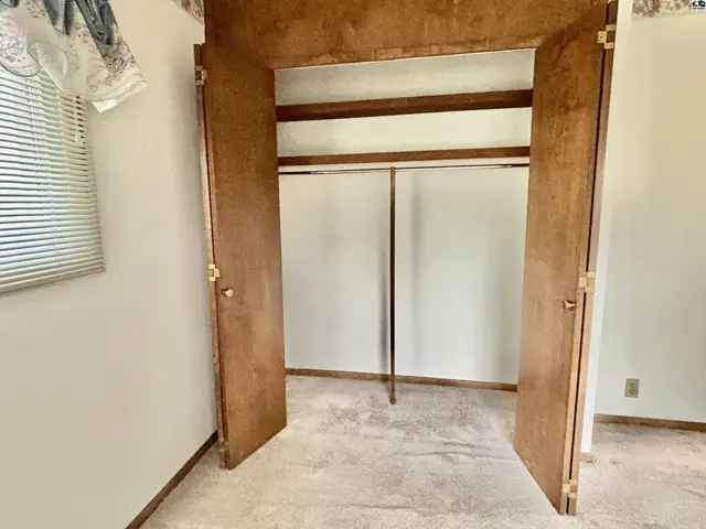 Spacious closet with wood doors, carpeted floor, and two hanging rods.