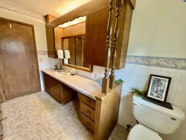Spacious bathroom vanity with wood cabinetry, white countertop, and a large mirror above the sink.