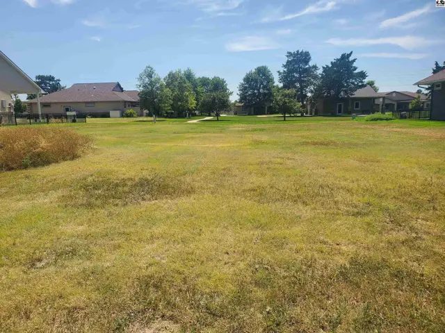 Expansive green lawn with scattered trees and houses in the background under a blue sky.