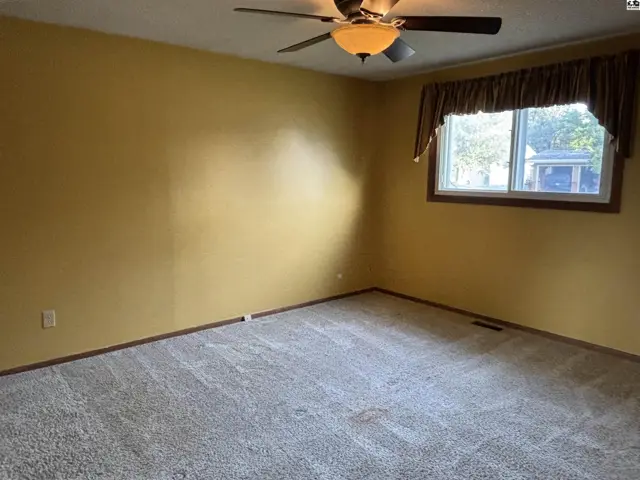 Spacious bedroom with yellow walls, plush carpet, and a ceiling fan.