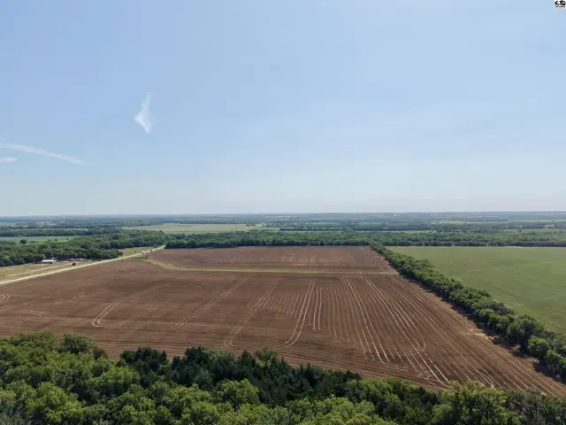 Expansive agricultural fields with tilled soil and surrounding trees under a clear blue sky.