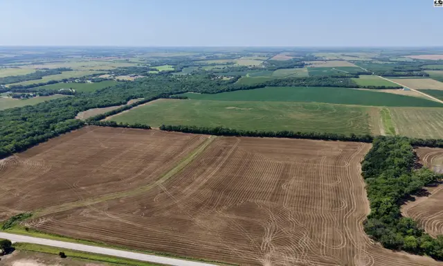 Expansive aerial view of cultivated farmland with brown soil and green fields, bordered by trees.