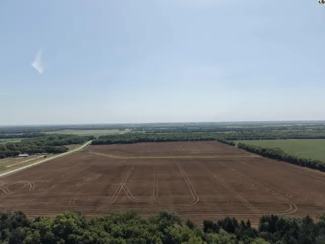 Expansive, freshly tilled farmland stretches under a clear blue sky, bordered by trees and distant fields.