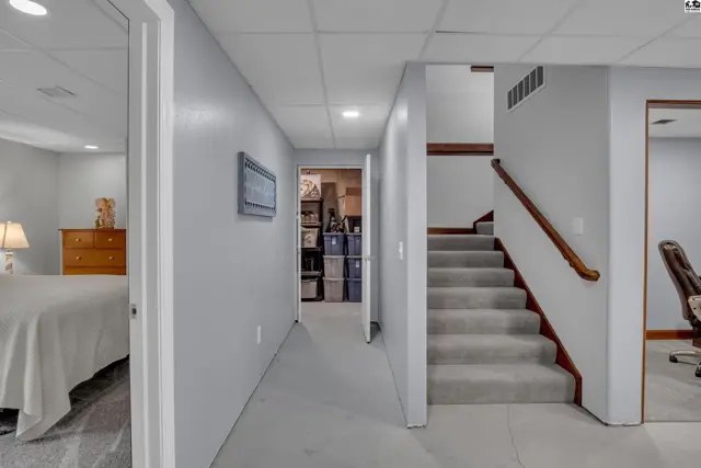 Hallway with carpeted stairs, gray walls, and doors leading to a bedroom and storage area.