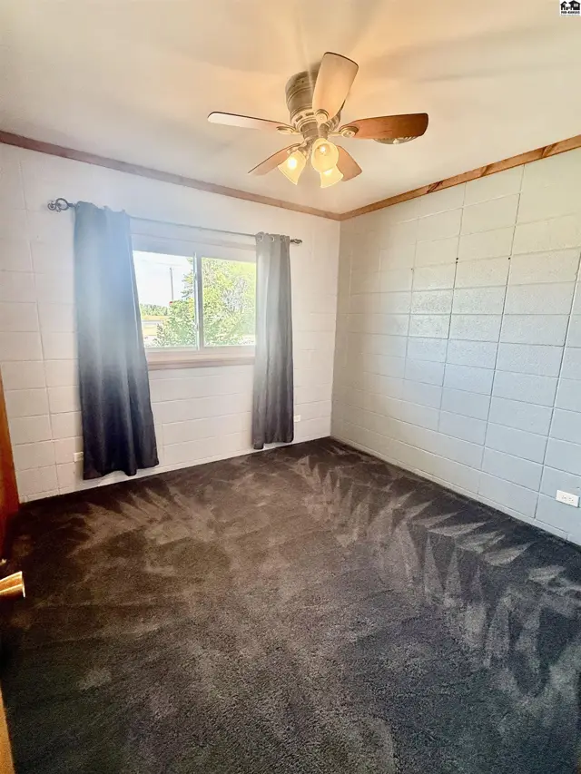 This room features carpeted floors, a ceiling fan, and textured walls.