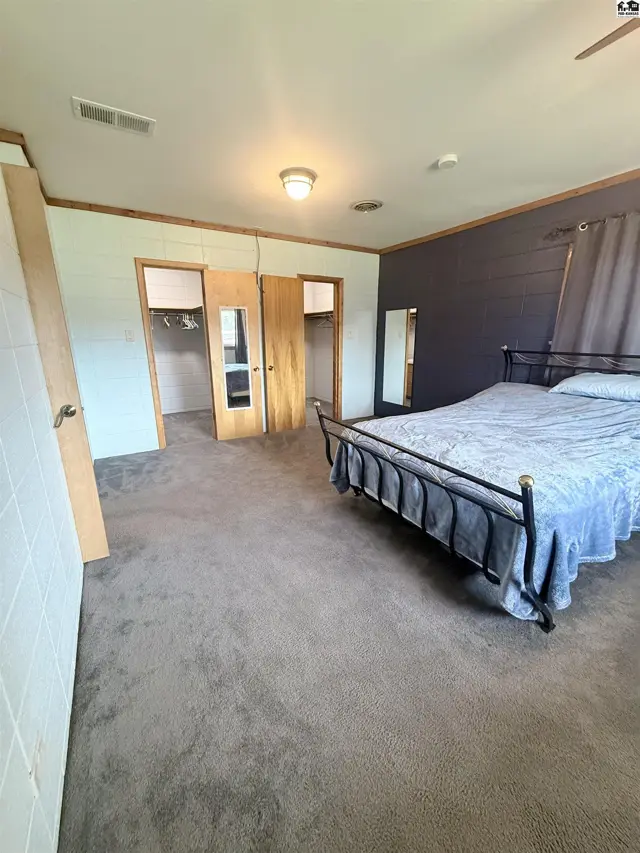 Spacious bedroom with carpet, two closets, and a metal bed frame.