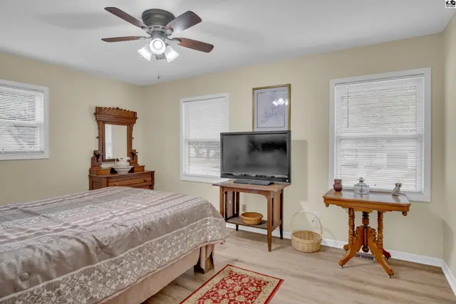 This bedroom features a ceiling fan, wood-look flooring, and two windows.
