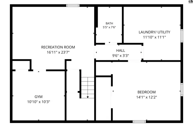 This floor plan shows a recreation room, gym, bedroom, bath, laundry/utility, and hall.