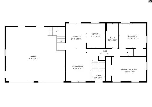 This floor plan shows a living room, dining area, kitchen, two bedrooms, and a bath.