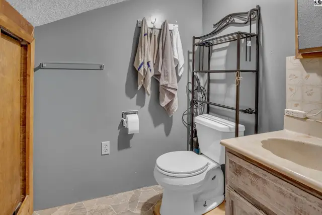 This bathroom features a toilet, vanity, and a metal shelving unit.