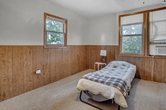 Carpeted room with wood-paneled walls, a bed, and two windows.