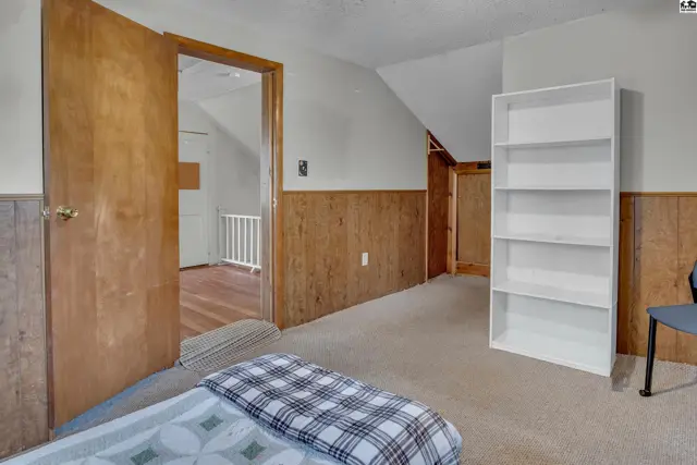 Carpeted room with wood-paneled walls, a white bookshelf, and a doorway to another space.