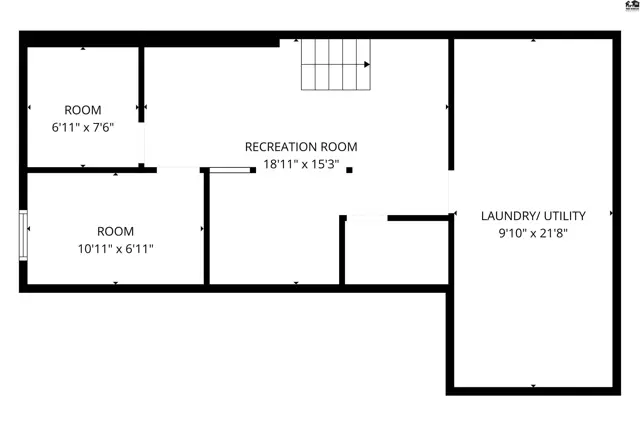 This floor plan shows a recreation room, two rooms, and a laundry/utility area.
