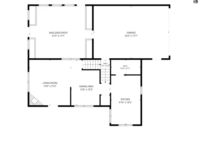 This floor plan shows a living room, dining area, kitchen, bath, enclosed patio, and garage.