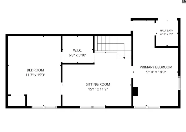 Two bedrooms, a sitting room, a walk-in closet, and a half bath are shown.