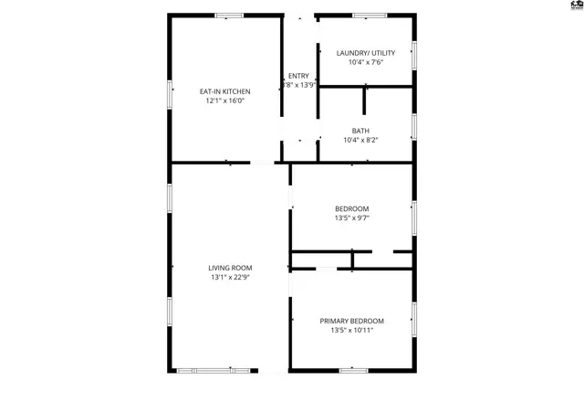 This floor plan shows a living room, eat-in kitchen, two bedrooms, a bath, and laundry utility.