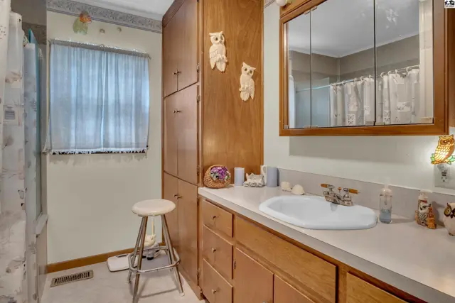 This bathroom features a white vanity with a sink, a mirrored medicine cabinet, and a tall wooden storage cabinet.