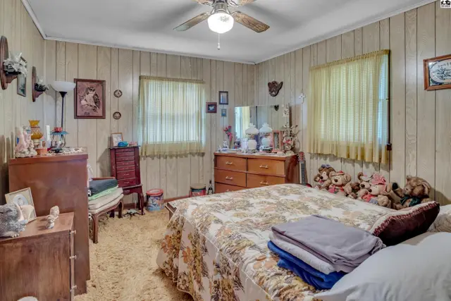 This bedroom features wood-paneled walls, carpeted flooring, and two windows with curtains.