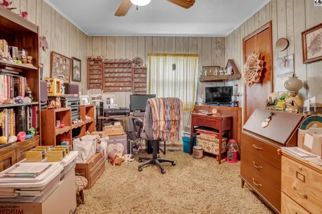 Wood-paneled walls and a shag carpet accent this room with built-in shelving and a desk.