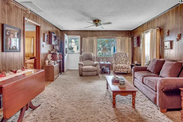 Wood-paneled living room features a plush carpet, sofa, armchair, and ceiling fan.