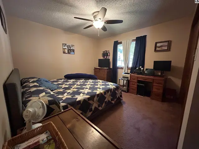 This bedroom features a queen-size bed, ceiling fan, and carpeted floors.