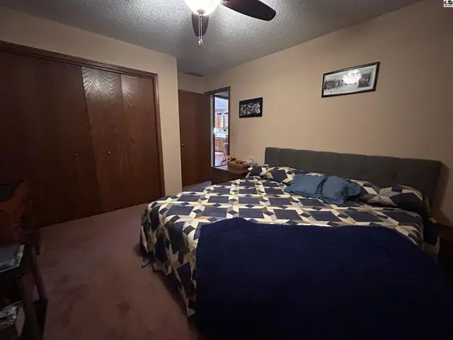 Spacious bedroom with a large closet and ceiling fan.