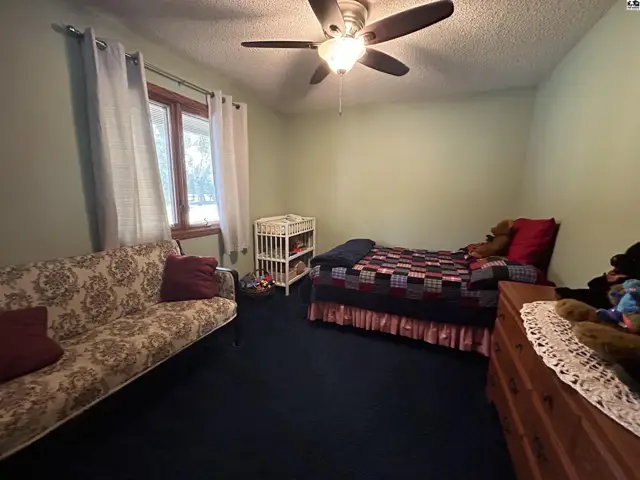 This room features a sofa, a bed, a dresser, and a ceiling fan.