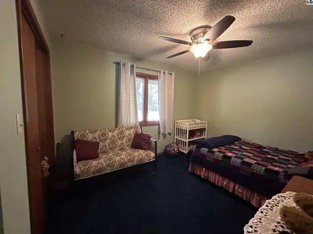 This room features a bed, sofa, ceiling fan, and a window with curtains.