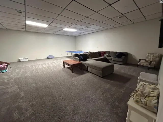 Spacious unfinished basement with carpeted floors and a drop ceiling.