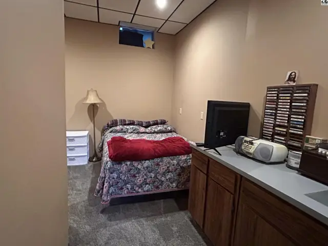 This room features a bed, television, and a counter with cabinetry.