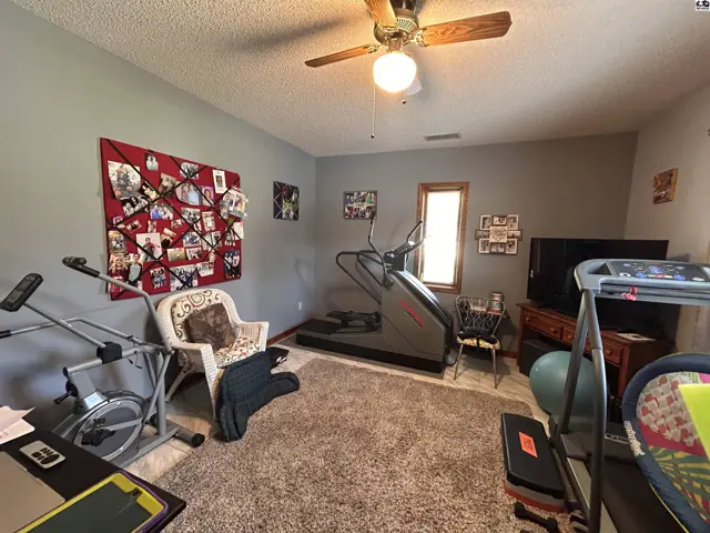 Spacious room with carpet, ceiling fan, and exercise equipment.