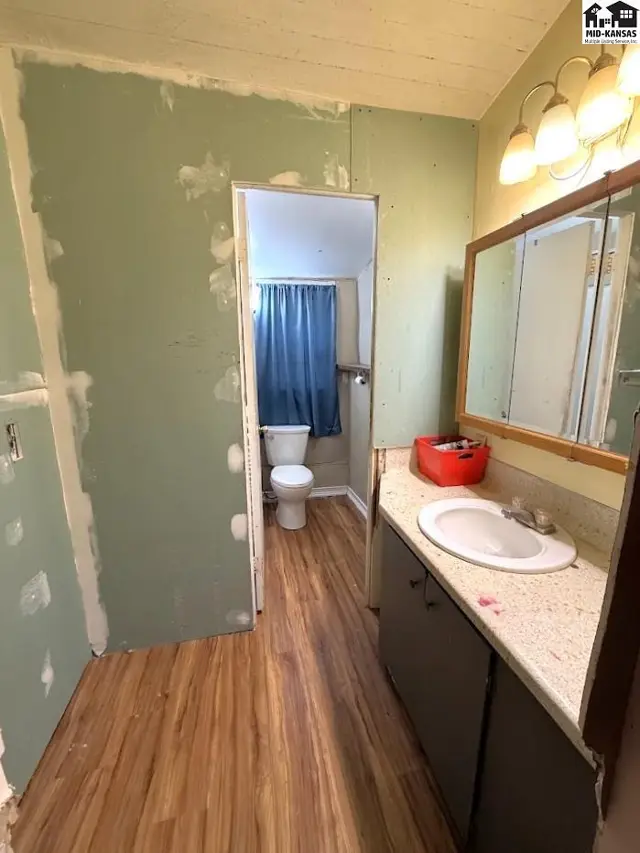 This bathroom features a vanity with a sink, a toilet, and a shower stall.