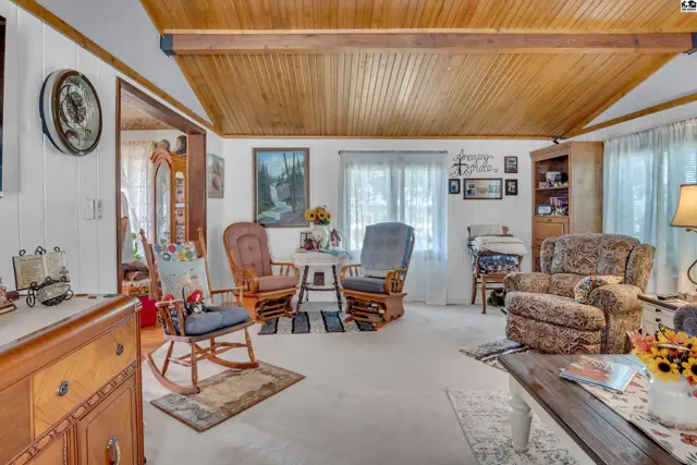 Living room features a wood-paneled ceiling, carpeted floors, and a large window.