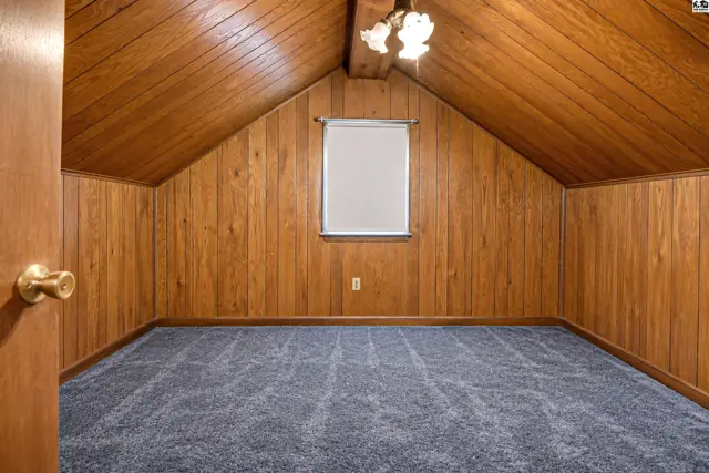 Wood-paneled walls and ceiling frame a carpeted room with a single window.