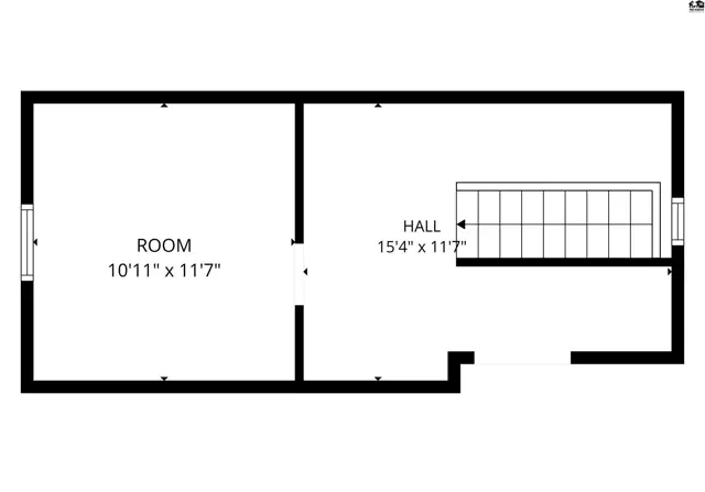 This floor plan shows a room and a hall with stairs.