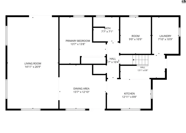 Spacious living room, dining area, kitchen, primary bedroom, bath, room, and laundry room.