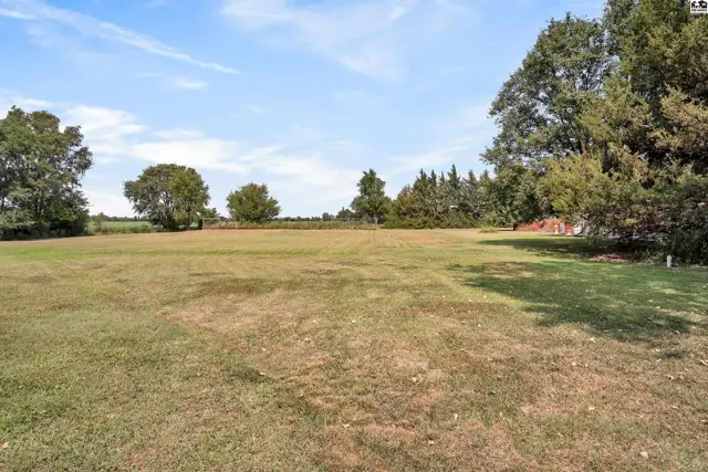 Expansive, level lawn bordered by mature trees and distant foliage under a clear sky.