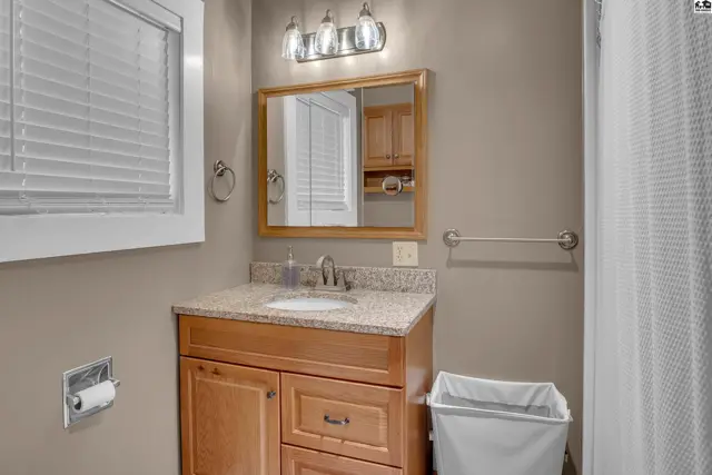 This bathroom features a wood vanity, granite countertop, and a large mirror.