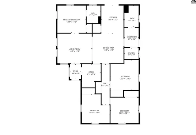 This floor plan shows a foyer, living room, dining area, kitchen, laundry room, and four bedrooms.