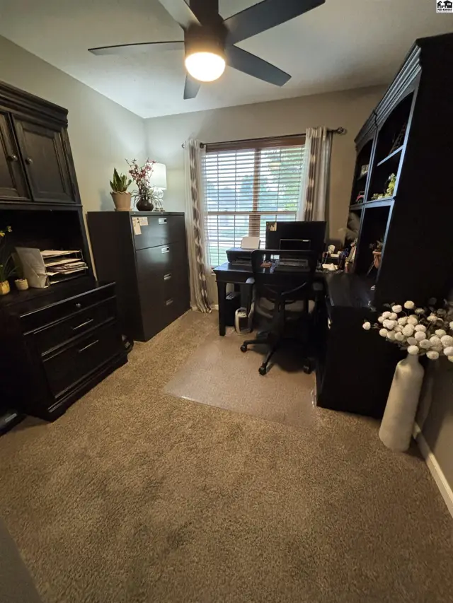 This room features plush carpeting, a ceiling fan, and built-in dark wood cabinetry.