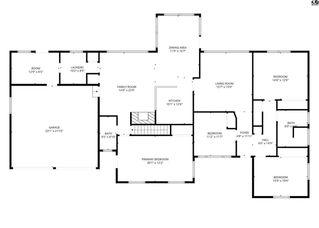 Spacious home features four bedrooms, three bathrooms, a large garage, and a dining room.
