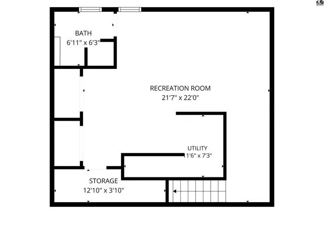 Spacious recreation room with adjacent bath, utility, and storage areas.