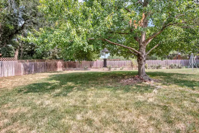 Spacious backyard features a mature tree, wooden fence, and green lawn.