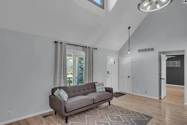 Vaulted ceiling living room with light wood floors, gray walls, and a modern light fixture.