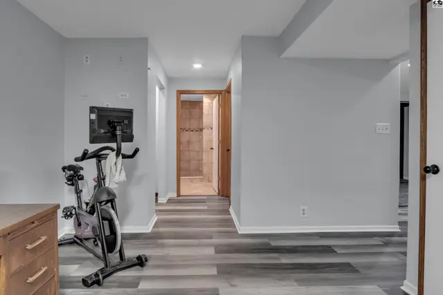 This finished basement features light gray walls, wood-look flooring, and a doorway to a tiled shower.