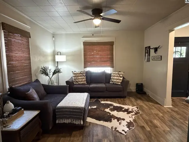 Living room features a ceiling fan, wood-look flooring, and large windows.