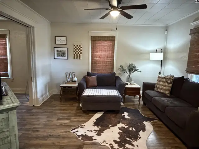 Living room with dark sofas, wood-look flooring, and a ceiling fan.